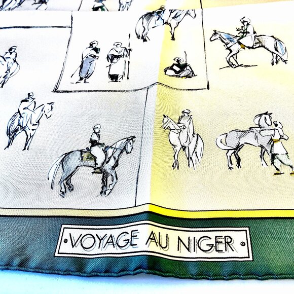 HERMES Paris Silk Scarf Equestrian Horse & Rider VOYAGE AU NIGER Green New 16" - Picture 4 of 16